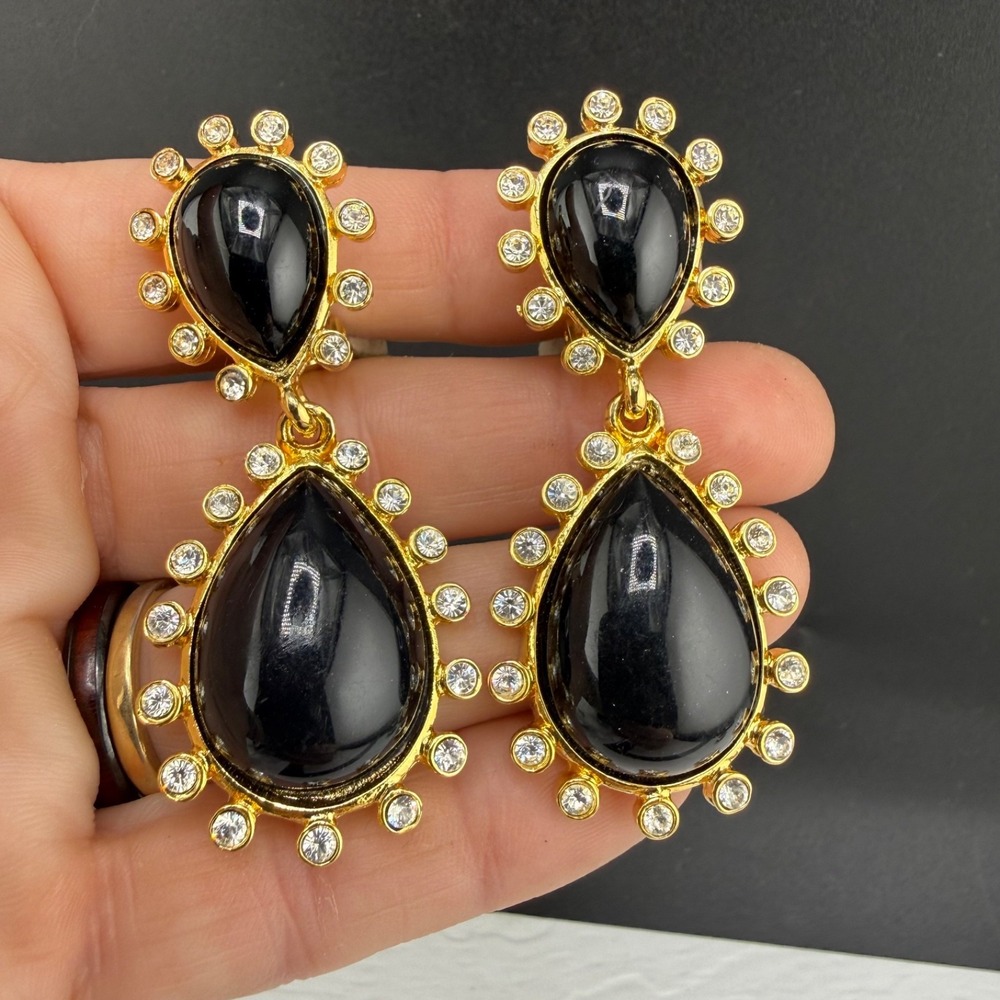 Vintage Kenneth Jay Lane Earrings Black Gold Tone Rhinestone Dangle Clip On